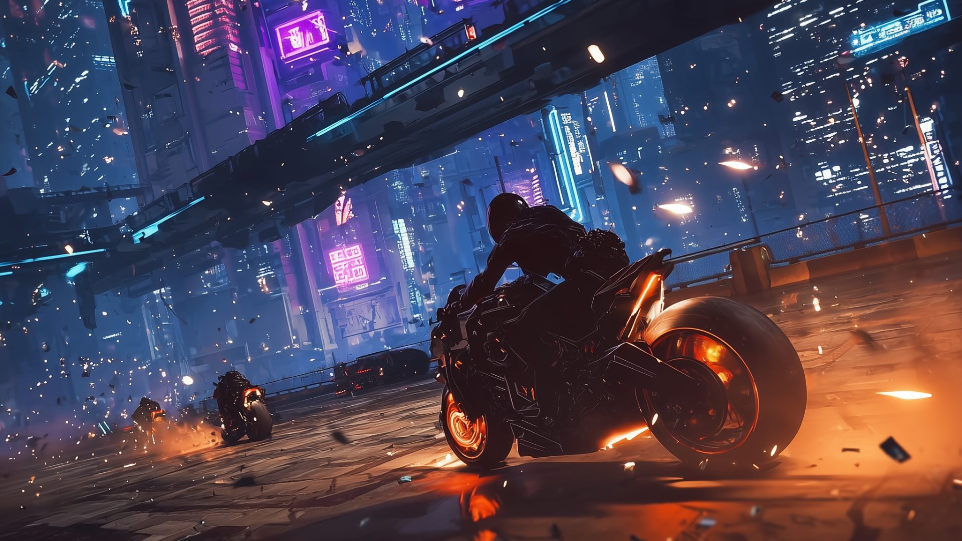 Akuma Tenshi key art: a rider on a glowing motorcycle streaks through a neon-lit night city trailing sparks and fire.