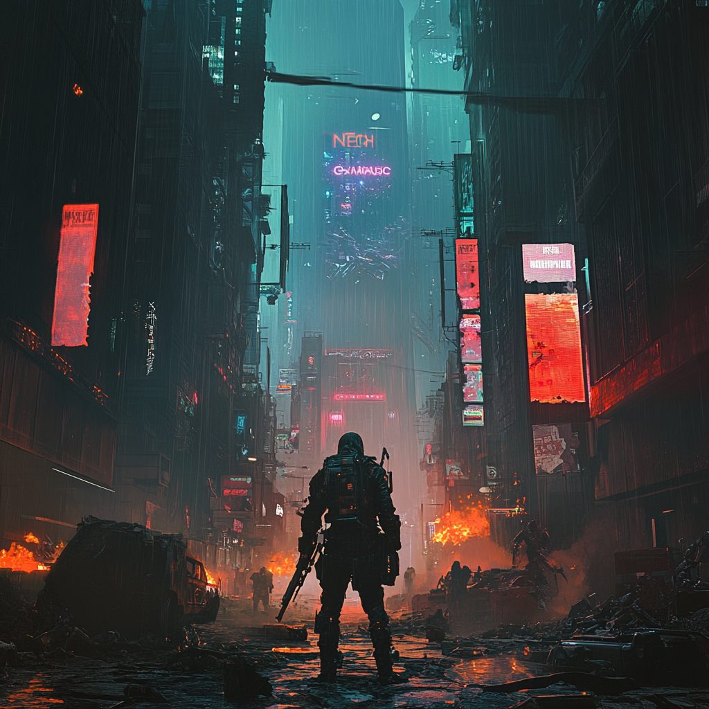 Neon Carnage key art: a lone armored soldier stands in a burning, rain-soaked cyberpunk street lit by red neon signs.
