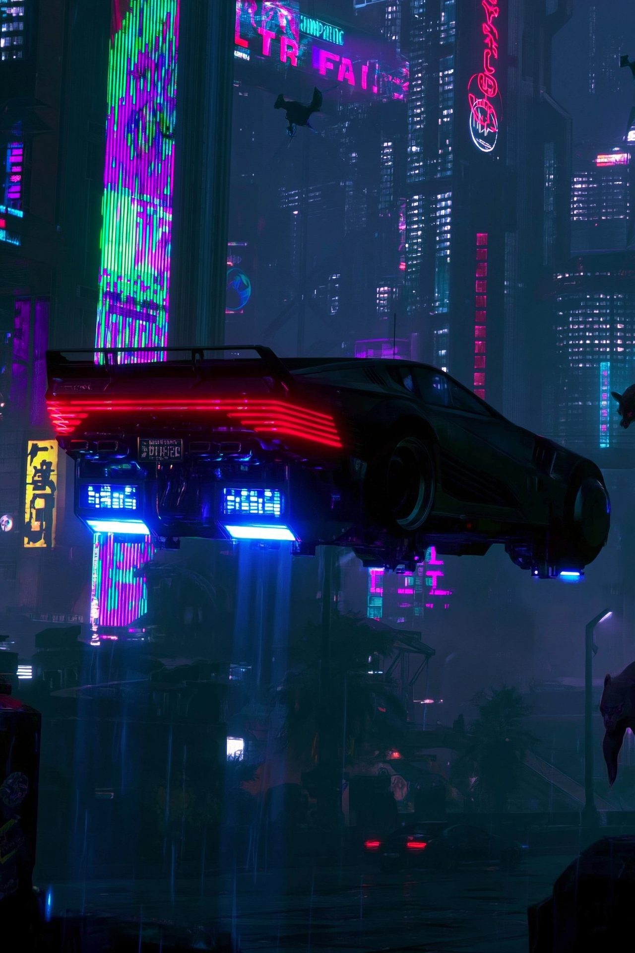 Neon Courier key art: a sleek hovercar drifts through a towering magenta-and-cyan neon cityscape at night.